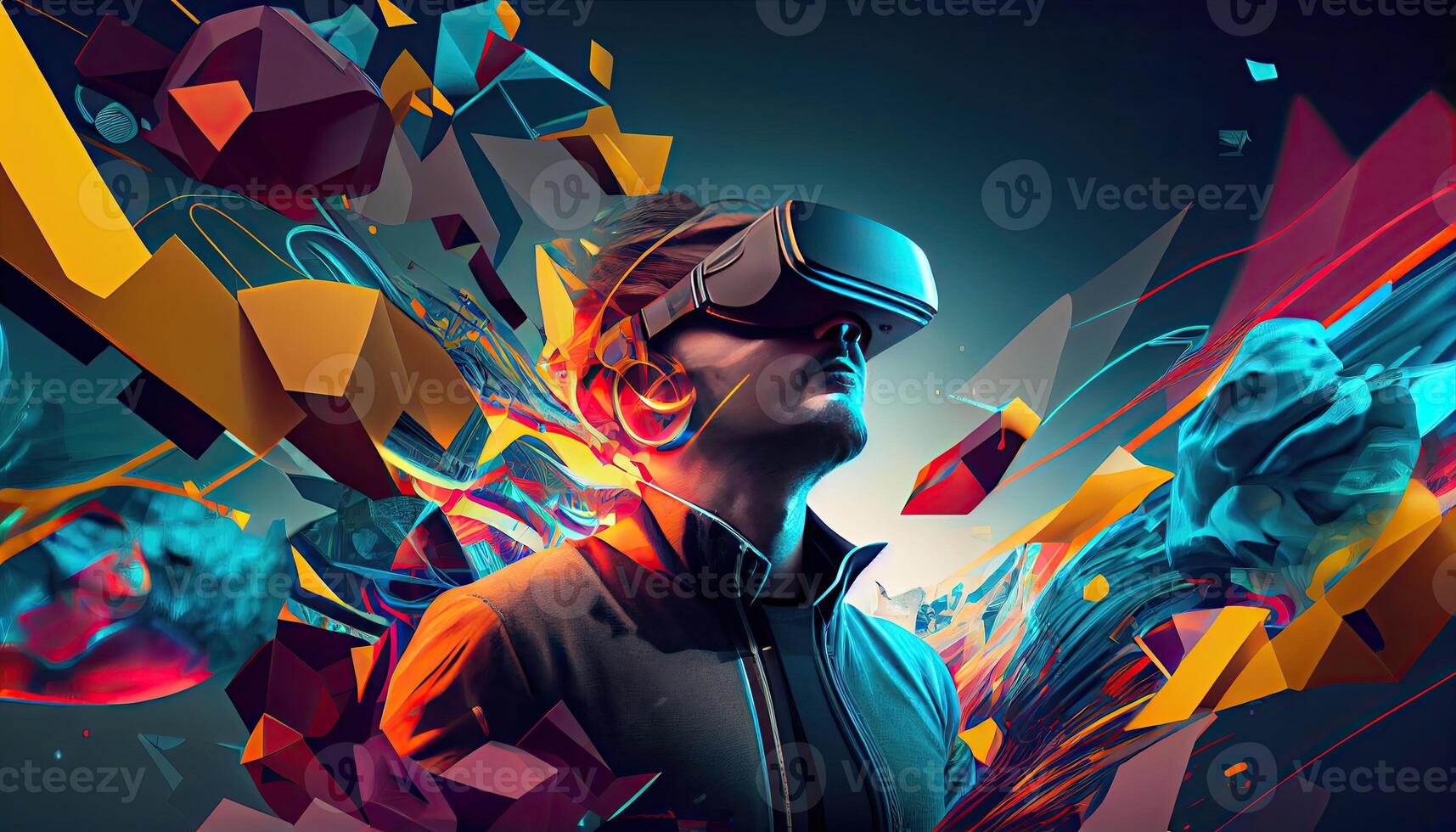 AI Metaverse concept collage design with wearing VR headset with smart glasses futuristic technology photo