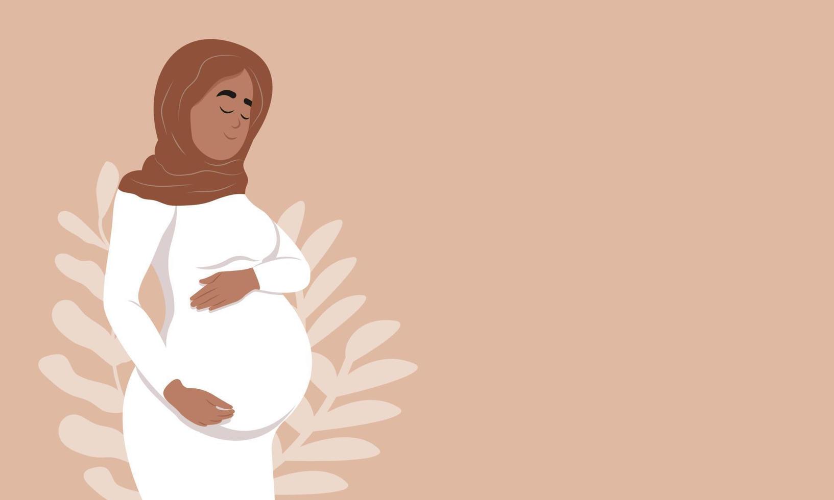Beautiful pregnant Muslim woman hugs her belly. The concept of pregnancy and motherhood. Healthy pregnancy. Healthy pregnancy banner. vector