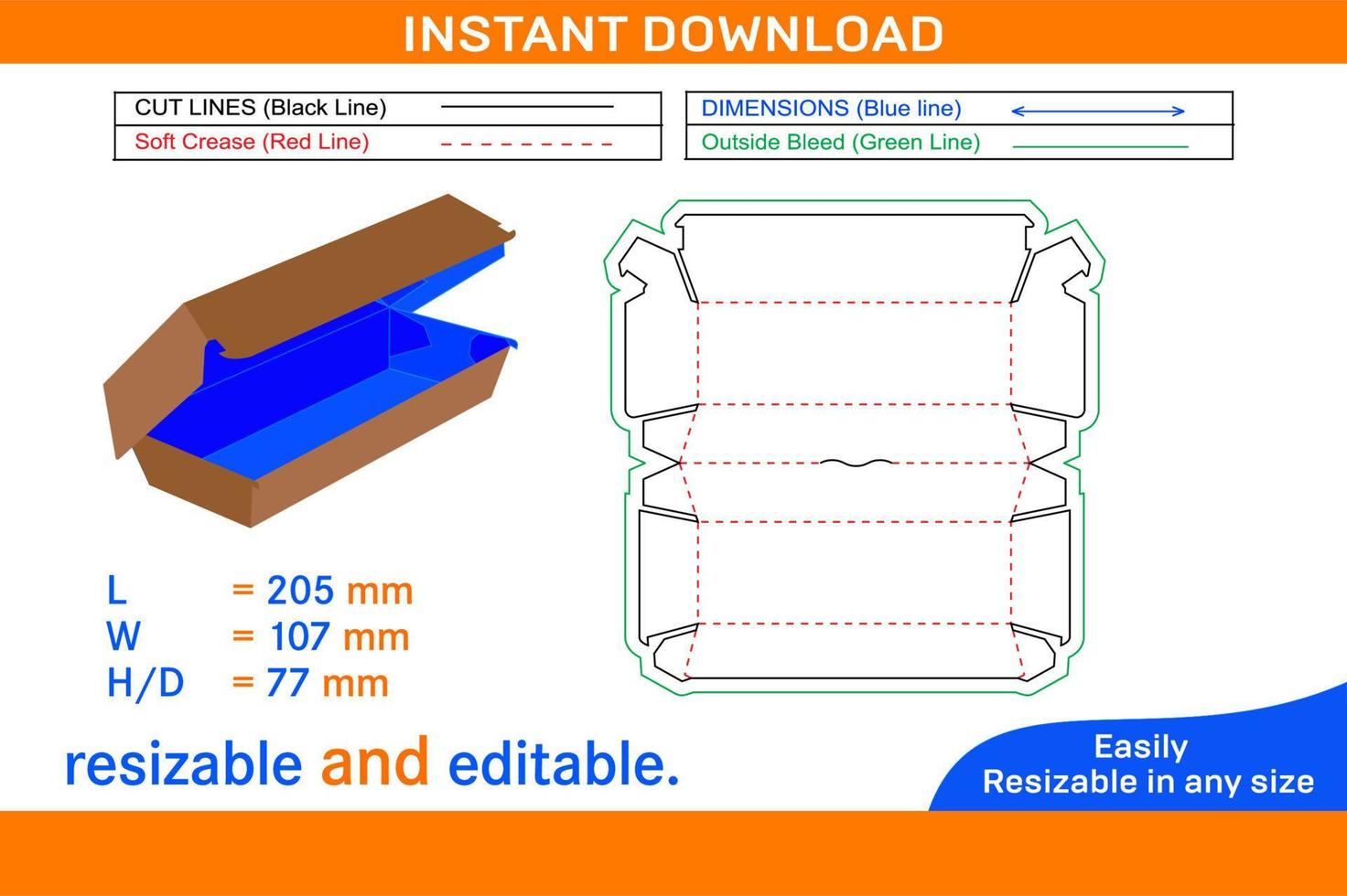 Burger packaging box or snack box large size dieline template and 3D box design Box dieline and 3D box vector
