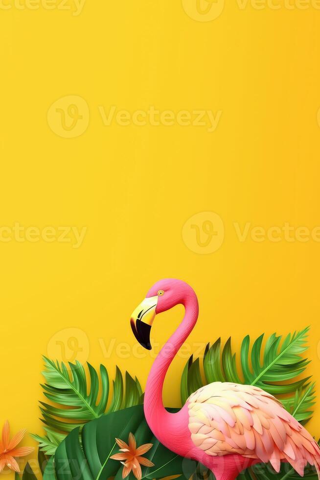 Summer festive with flamingo on yellow background, Tropical summer time. photo