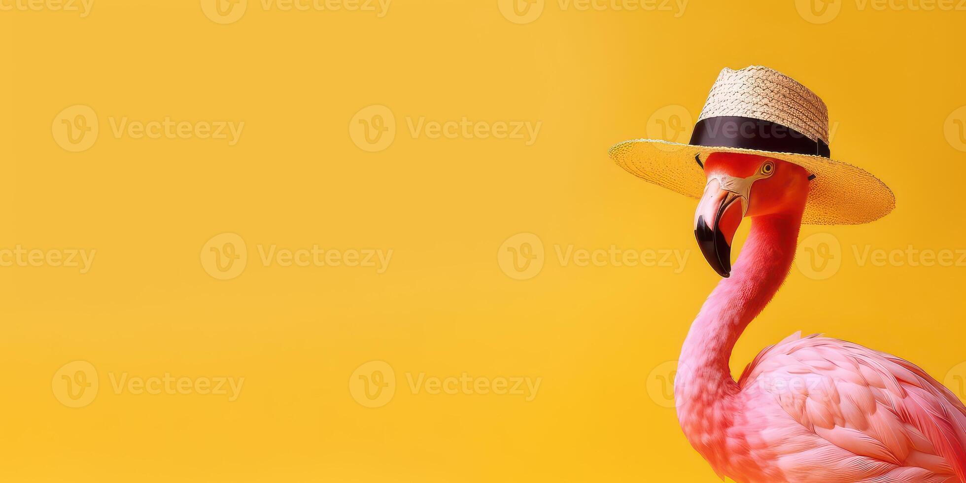 Summer festive with flamingo on yellow background, Tropical summer time. photo