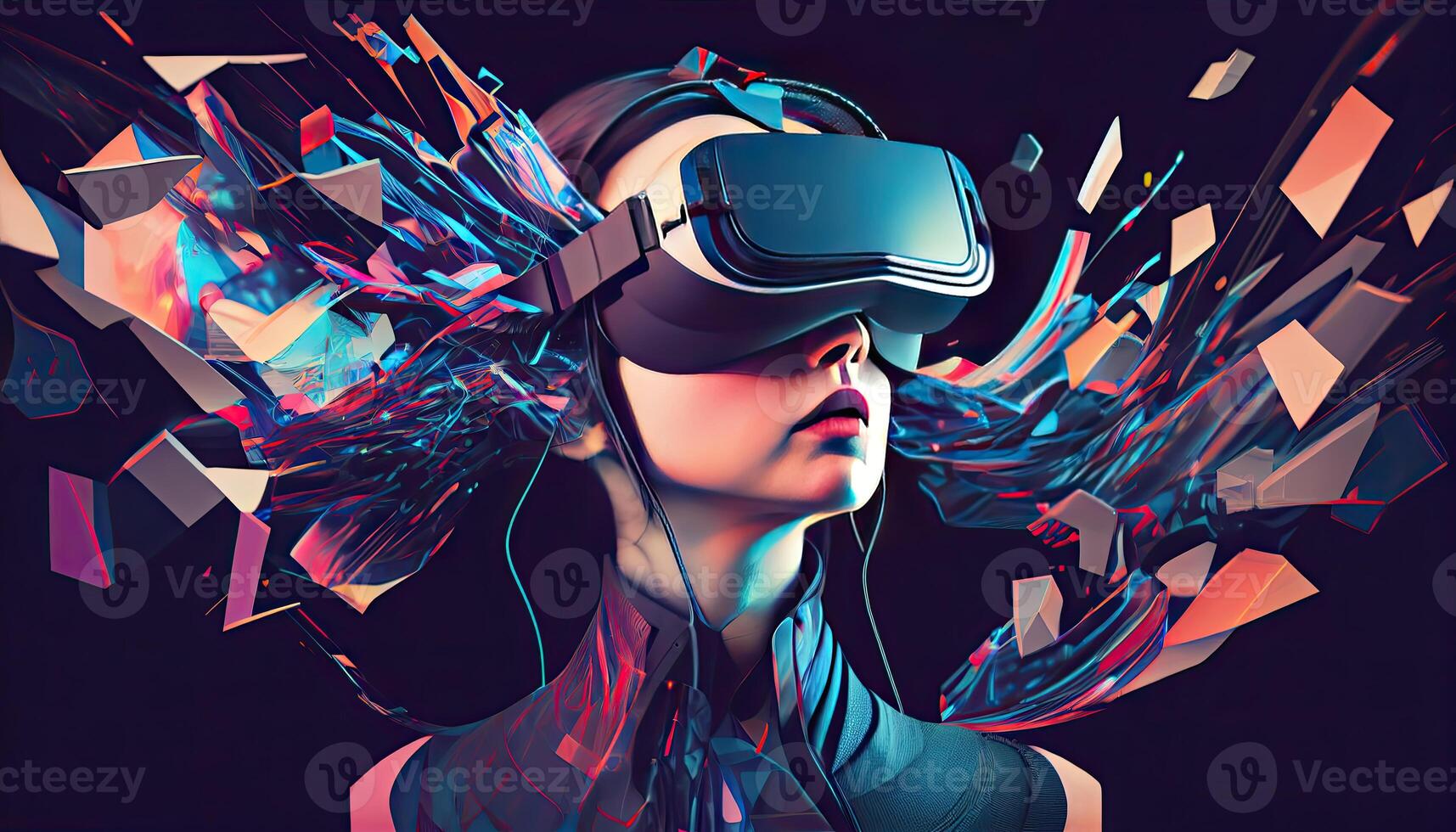 ai metaverso concepto collage diseño con vistiendo vr auriculares con inteligente lentes futurista tecnología generado ai foto