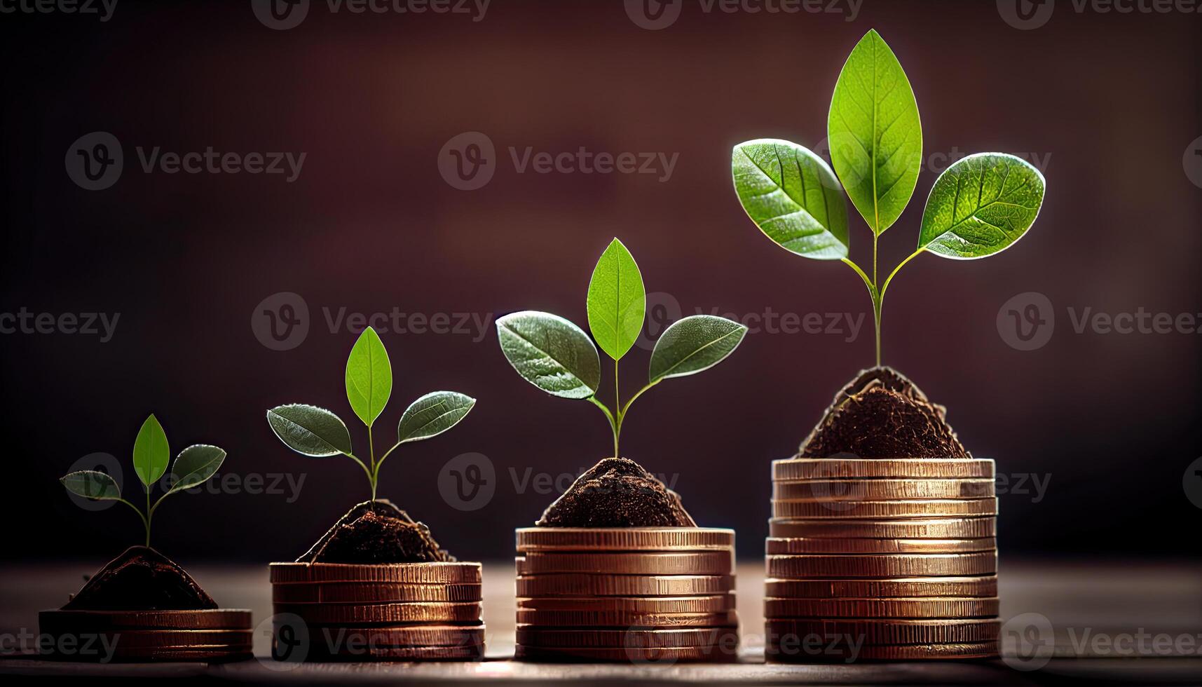 a row of stacks of coins with a plant growing out of them. Tree leaf on save money coins, Business finance saving banking investment concept photo