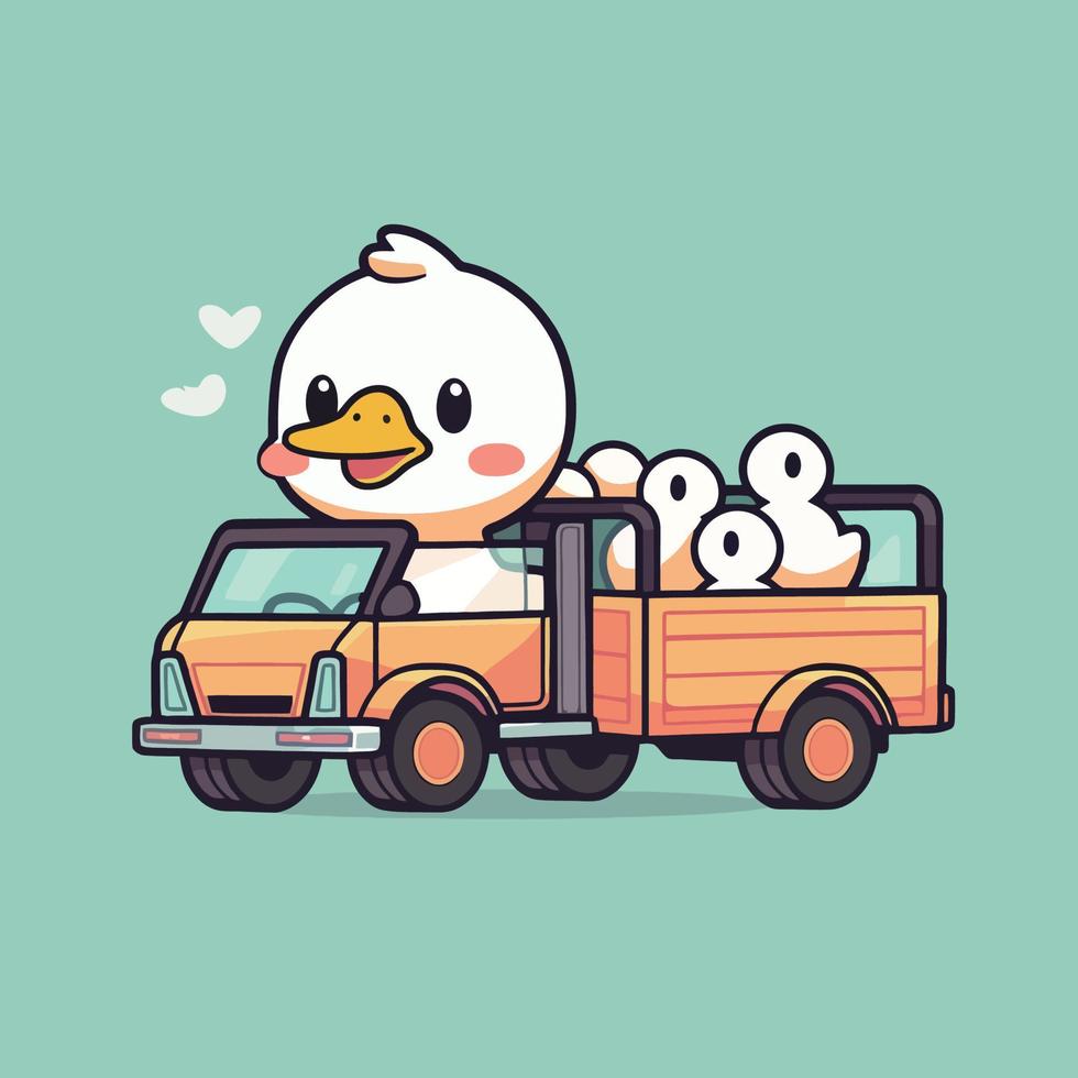 Duck in a truck cartoon character with a yellow duck on the back. vector