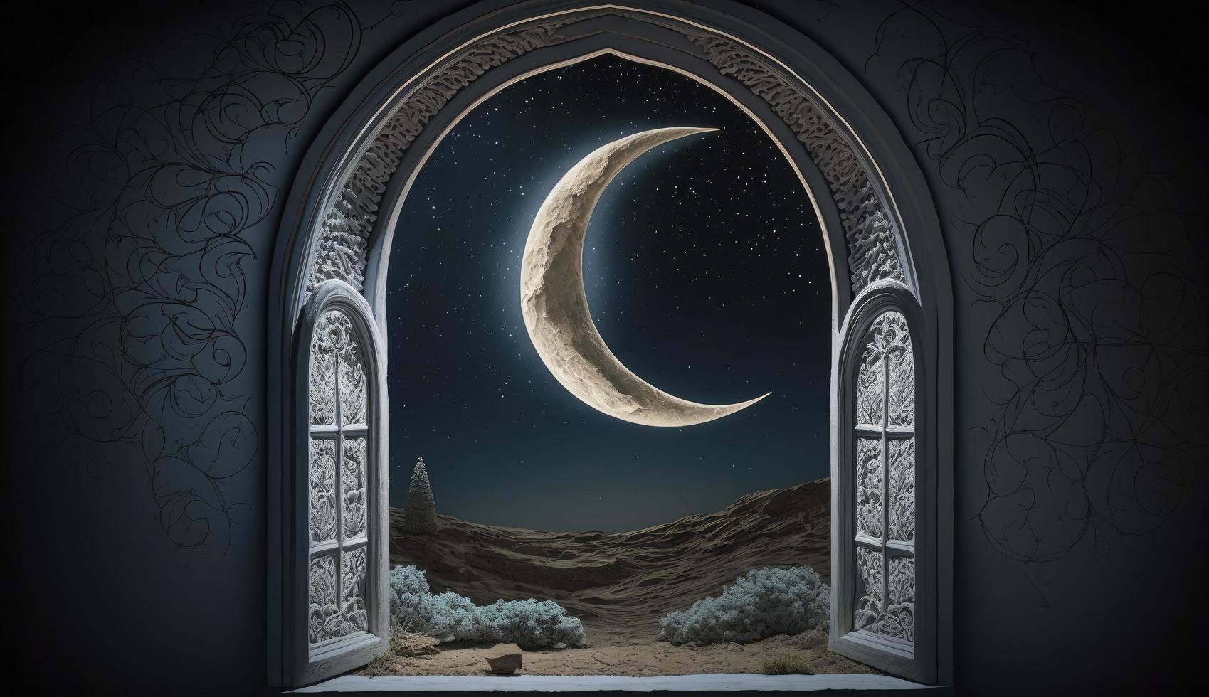 Mystical window with crescent moon in night sky, Islamic greeting Eid Mubarak for Muslim Holidays. Eid-Ul-Adha festival celebration. Arabic Ramadan Kareem, Generate Ai photo