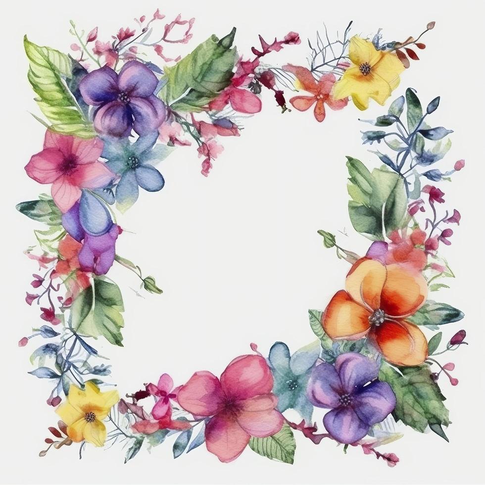 watercolor, cute and perfect rose flower and blooms, wedding decorative perfect rectangle frame border, white background, generat ai photo