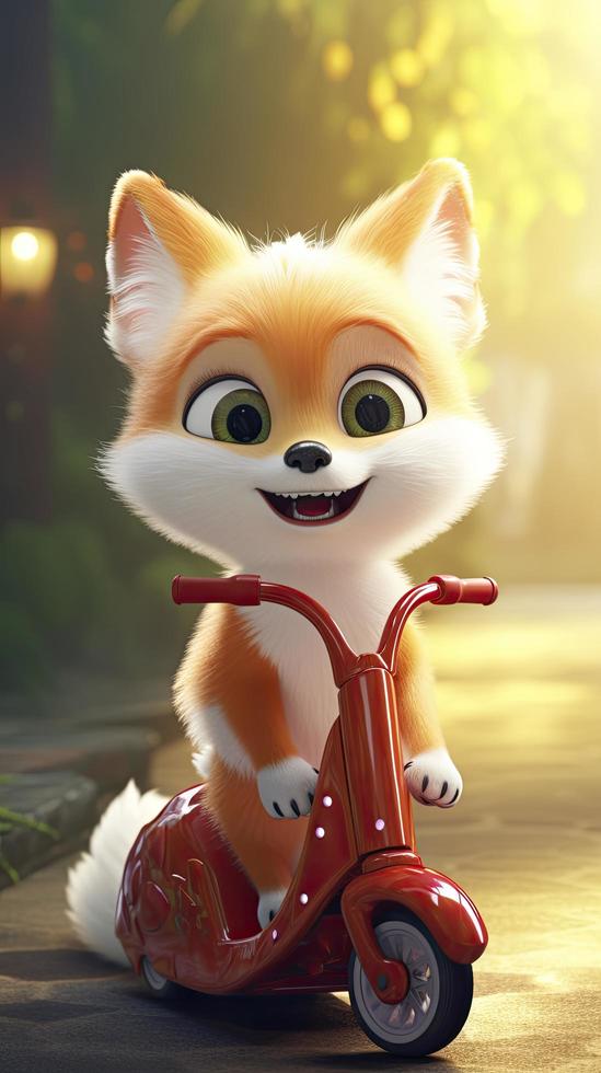 super cute adorable fluffy little fox smiles happily, very happy, rides an electric scooter with a rugosa basket to send rugosa, generat ai photo