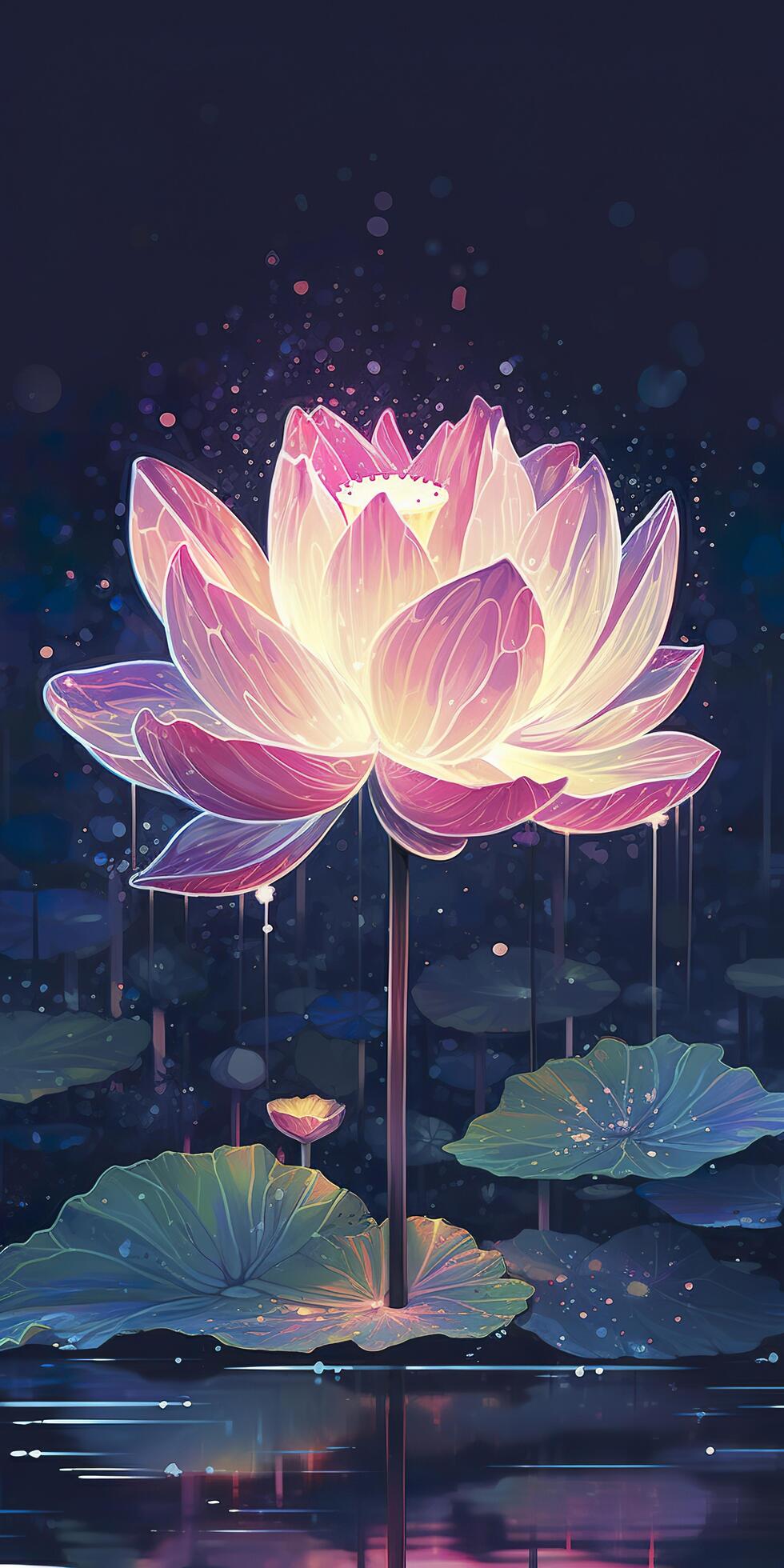 The background starlight is shining brightly, a pink lotus is in full