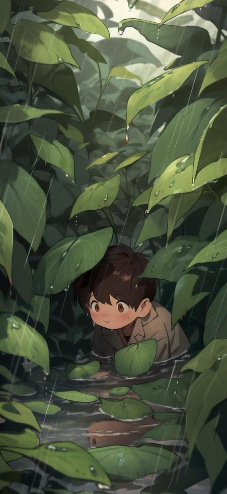 In the woods on a rainy day, the little elf boy hiding under the huge leaves, super big eyes, elf ears, rain-wet hair, clothes stuck to the rain, elf shoes, generat ai photo