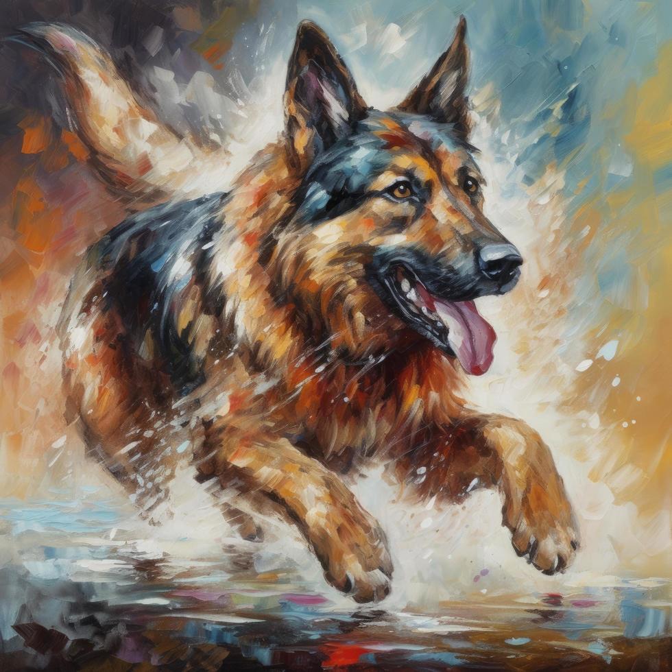 a energetic German shepherd with Beautiful painting with artistic symbolism, oil paint, Generate Ai photo