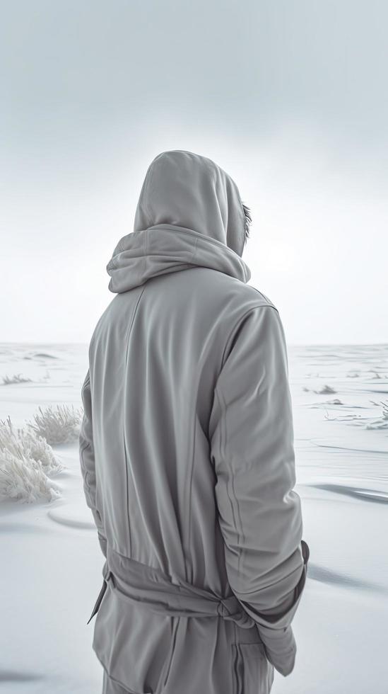 a man in a white hoodie is walking along the white snowy desert, hiding his face and fluttering in the cold winter wind,  generat ai photo