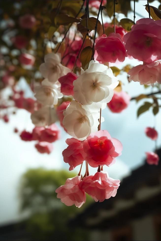 Spring, super real many pink and white silk crabapple flowers hanging on the shelf, pink and white petals, blue sky, generat ai photo