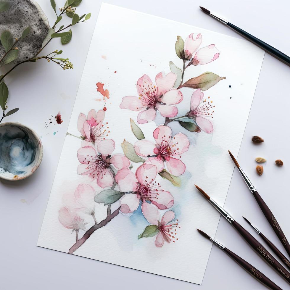 free cherry blossom flowers water color, pastel color with white background, generat ai photo