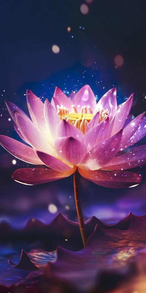The background starlight is shining brightly, a pink lotus is in full bloom, crystal clear and picky, the heart of the flower is like a firefly shining, generat ai photo