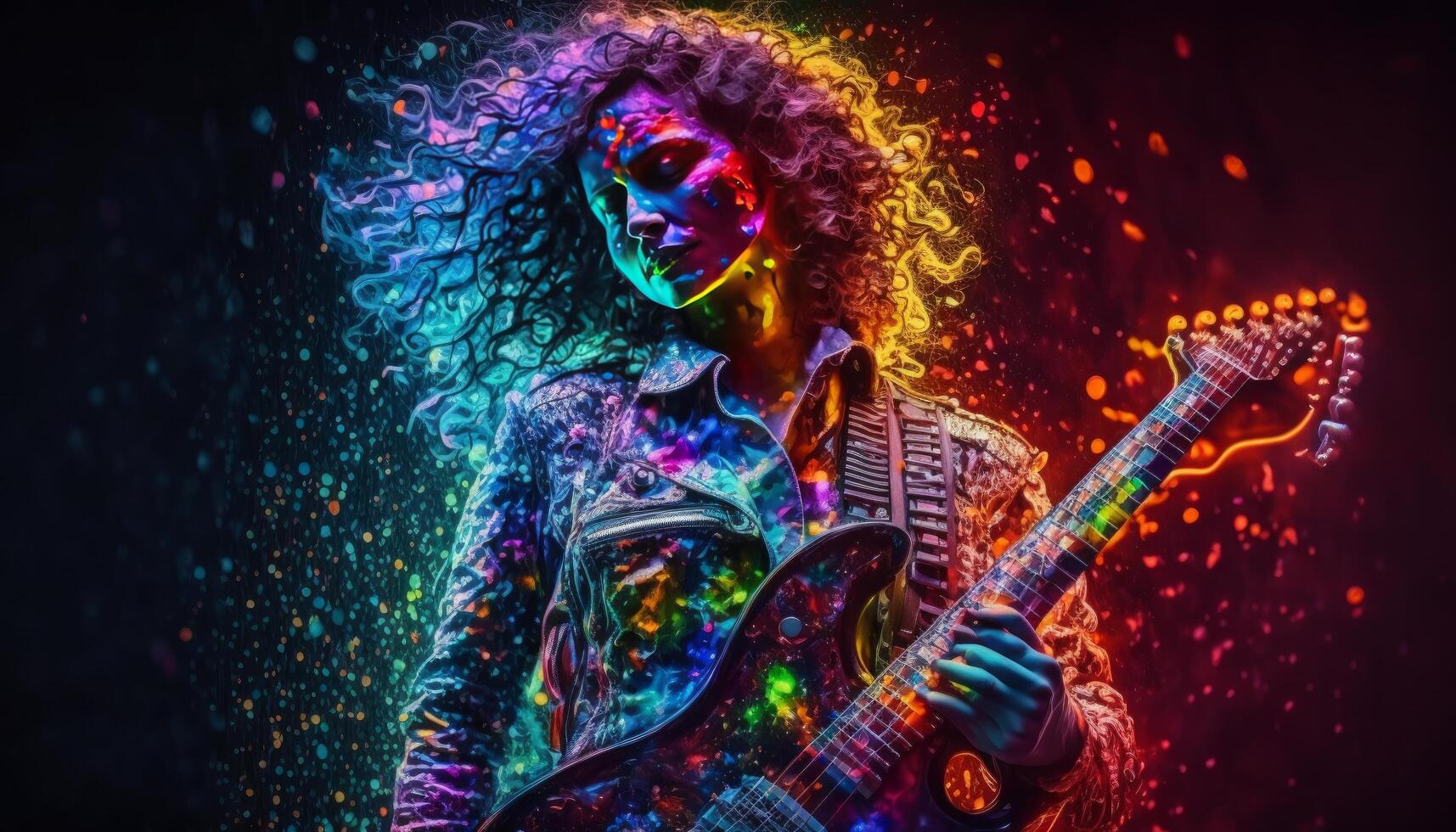 un mujer jugando un guitarra vistoso Brillantina Chispa - chispear imagen generativo ai foto