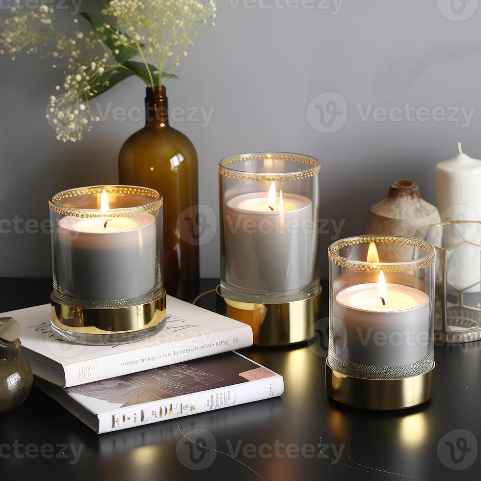beautiful cylindrical candle glowing on glass photo
