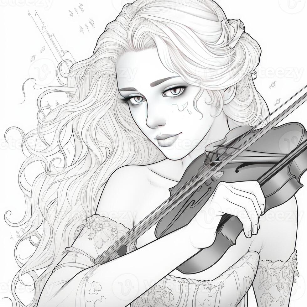 coloring book line art drawing of a Pretty girl playing violin photo