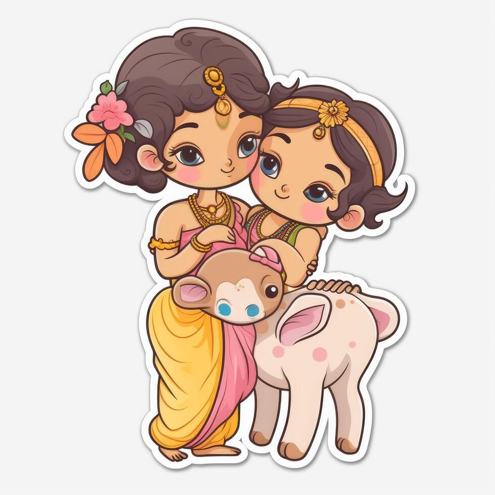 cartoon character sticker of krishna in her mother's arm playing with cowherd photo