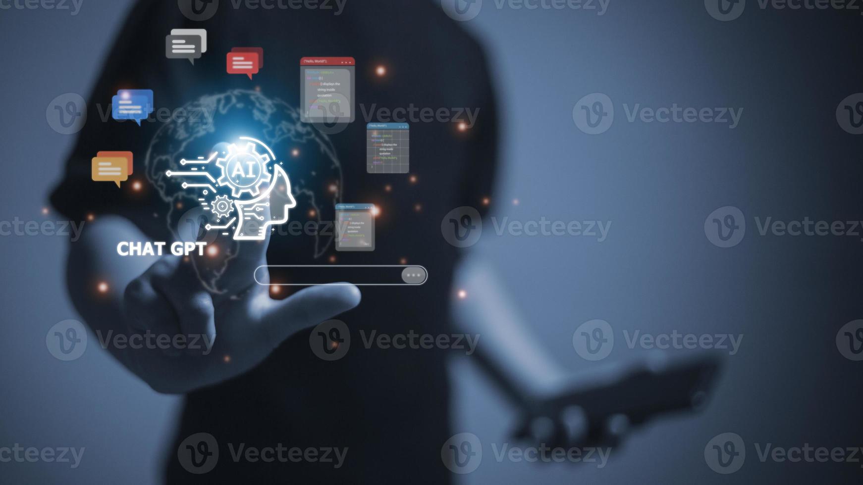 Chatbot Chat with AI, Artificial Intelligence. man using technology smart robot AI, artificial intelligence by enter command prompt for generates something, Futuristic technology transformation. photo