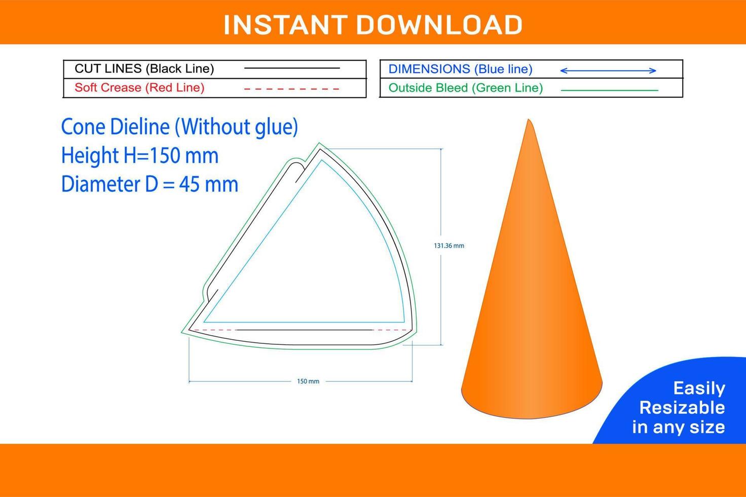 Cone dieline cone making without glue vector designBox dieline and 3D box