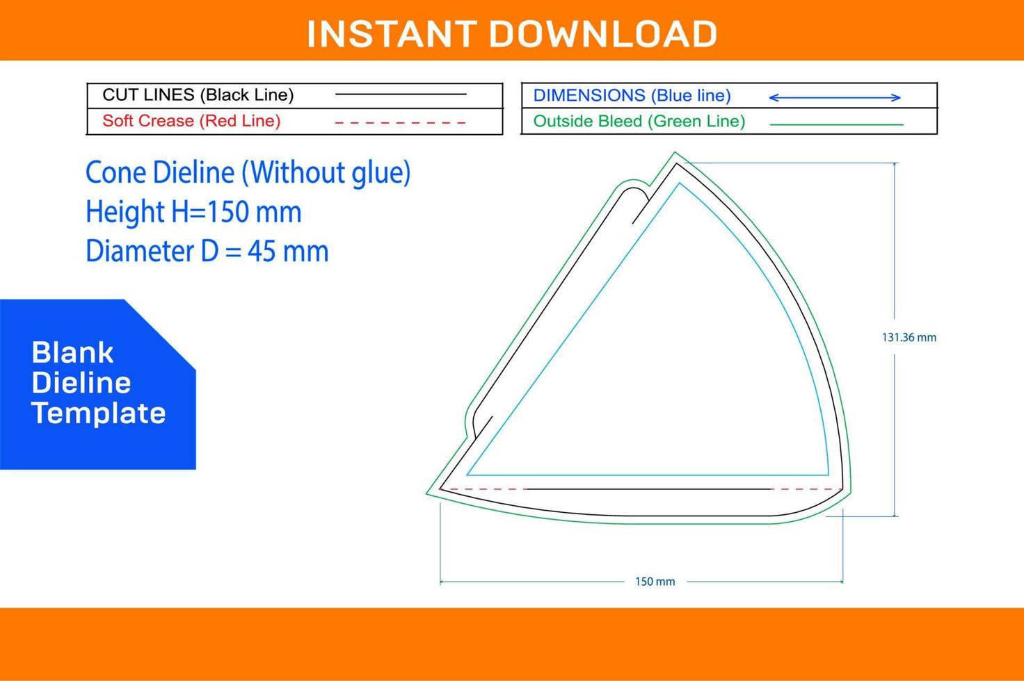 Cone dieline cone making without glue vector designBlank dieline template