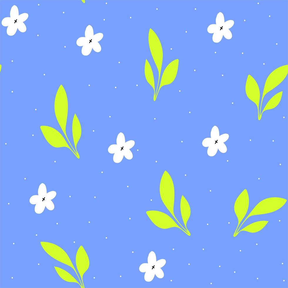 sin costura modelo con blanco flor y resumen planta en azul antecedentes. botánico ilustración para cubrir diseño, hogar decoración, invitación tarjeta, primavera textura para textil y tela diseño. vector