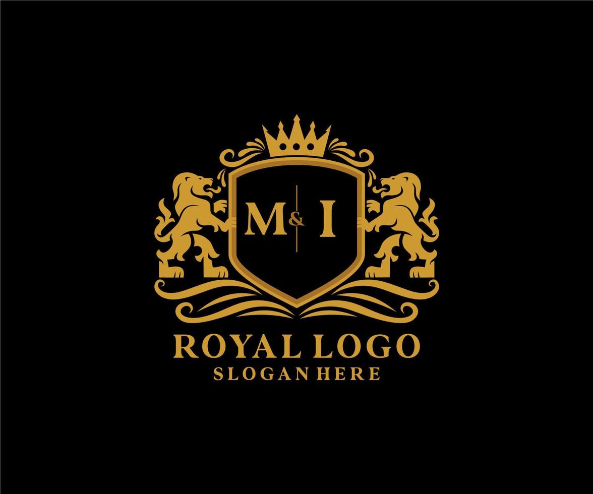 Initial MI Letter Lion Royal Luxury Logo template in vector art for Restaurant, Royalty, Boutique, Cafe, Hotel, Heraldic, Jewelry, Fashion and other vector illustration.