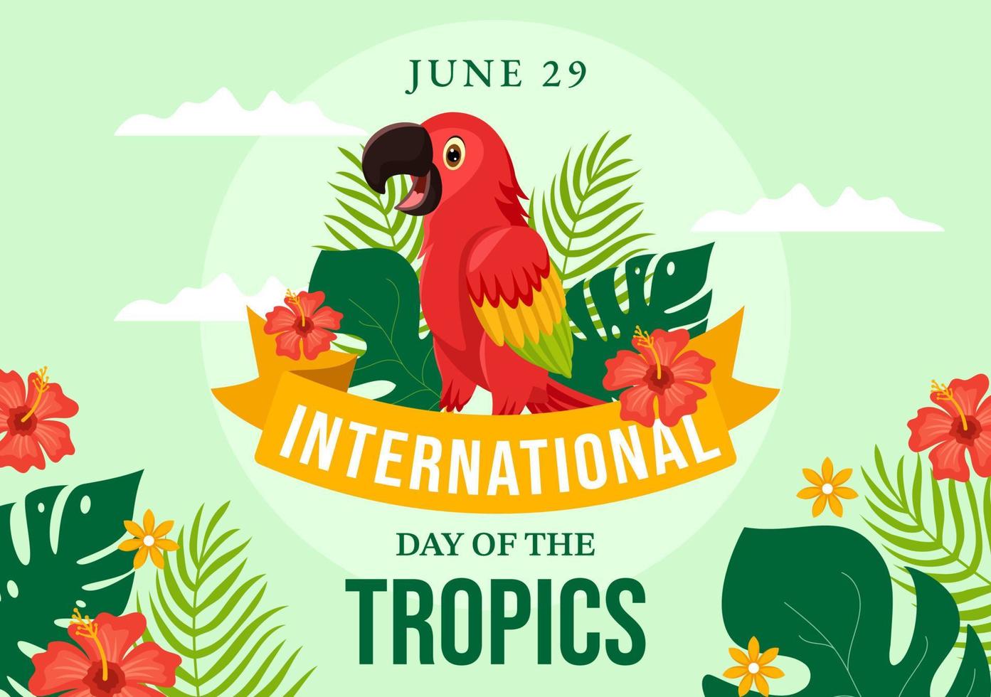 internacional día de el trópico vector ilustración en 29 junio con animal, césped y flor plantas a preservar en plano dibujos animados mano dibujado plantillas