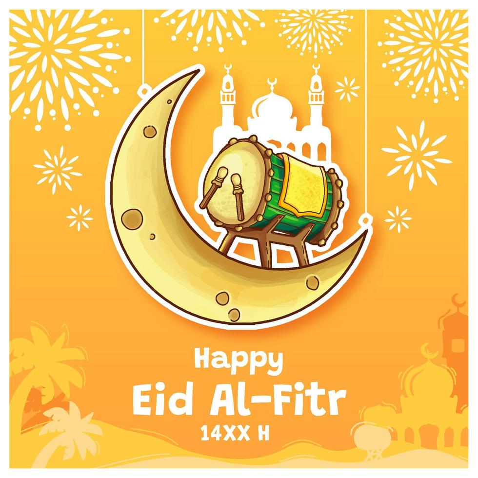 Hand Drawn a Bedug Drum and a Moon as A Greeting for Eid Al-Fitr vector