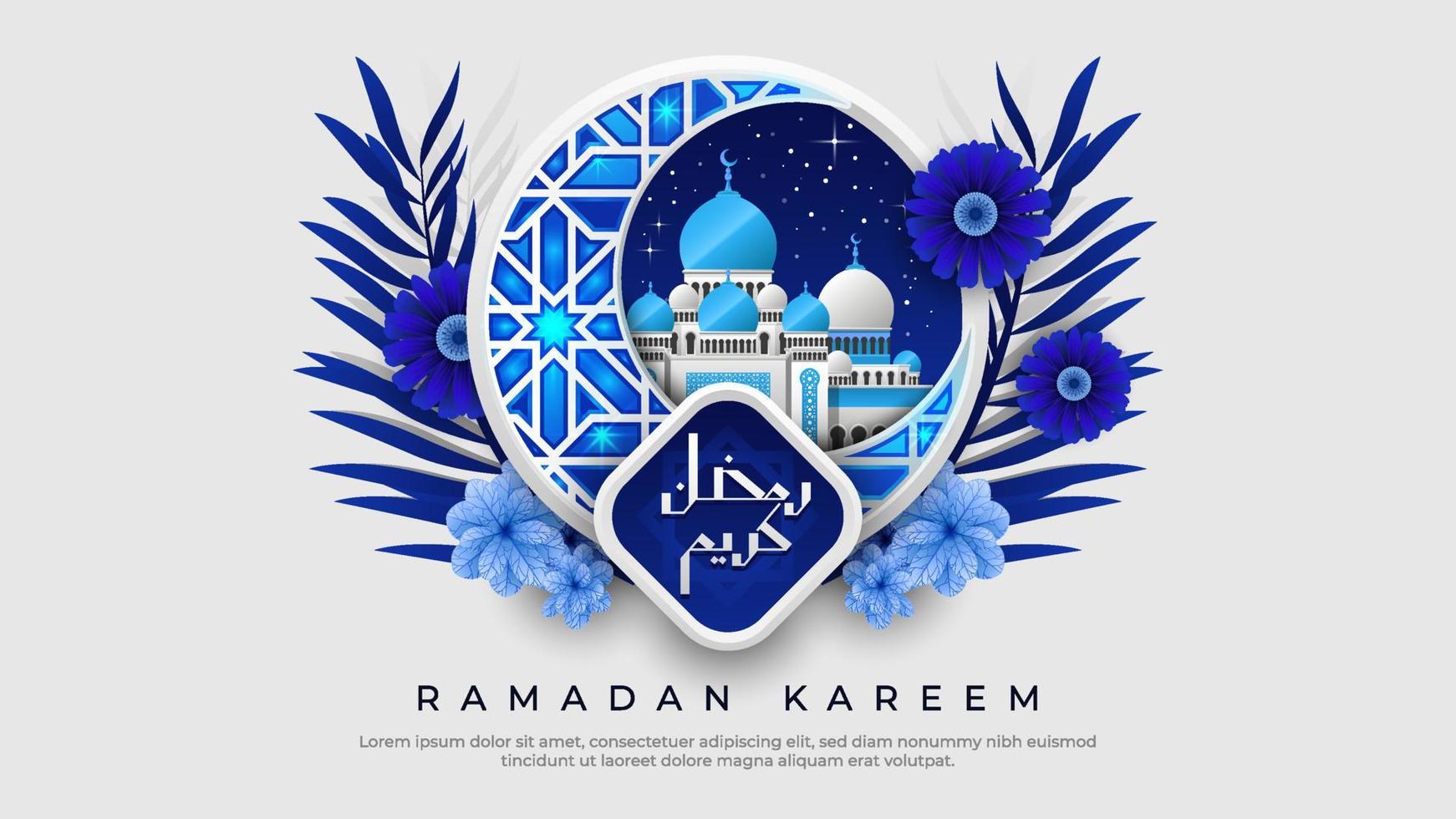 Ramadan Kareem with Beautiful Blue Crescent Moon and Mosque vector