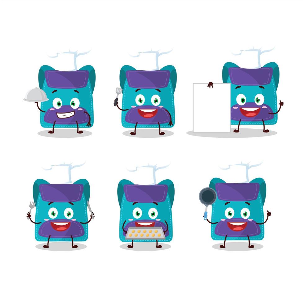 Cartoon character of blue bag with various chef emoticons vector