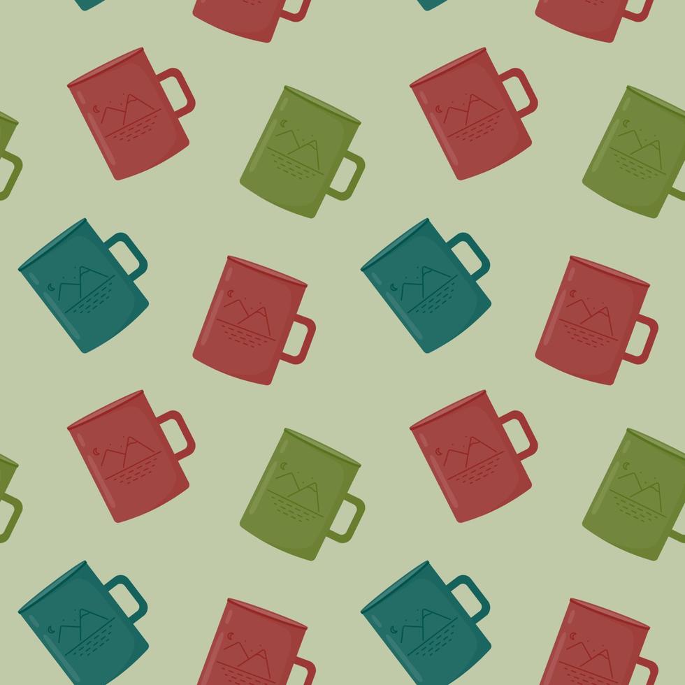 Seamless pattern with multicolored camping mugs. Vector illustration in a flat style.