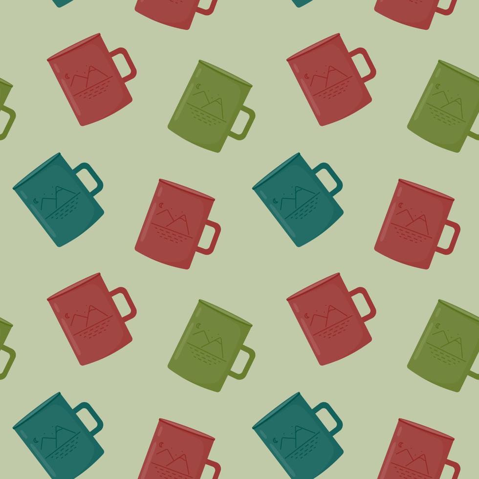 Seamless pattern with multicolored camping mugs. Vector illustration in a flat style.