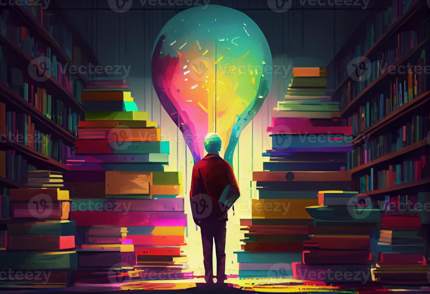 hombre con libro y bombilla mirando para conocimiento en biblioteca con colorido libros. generar ai foto