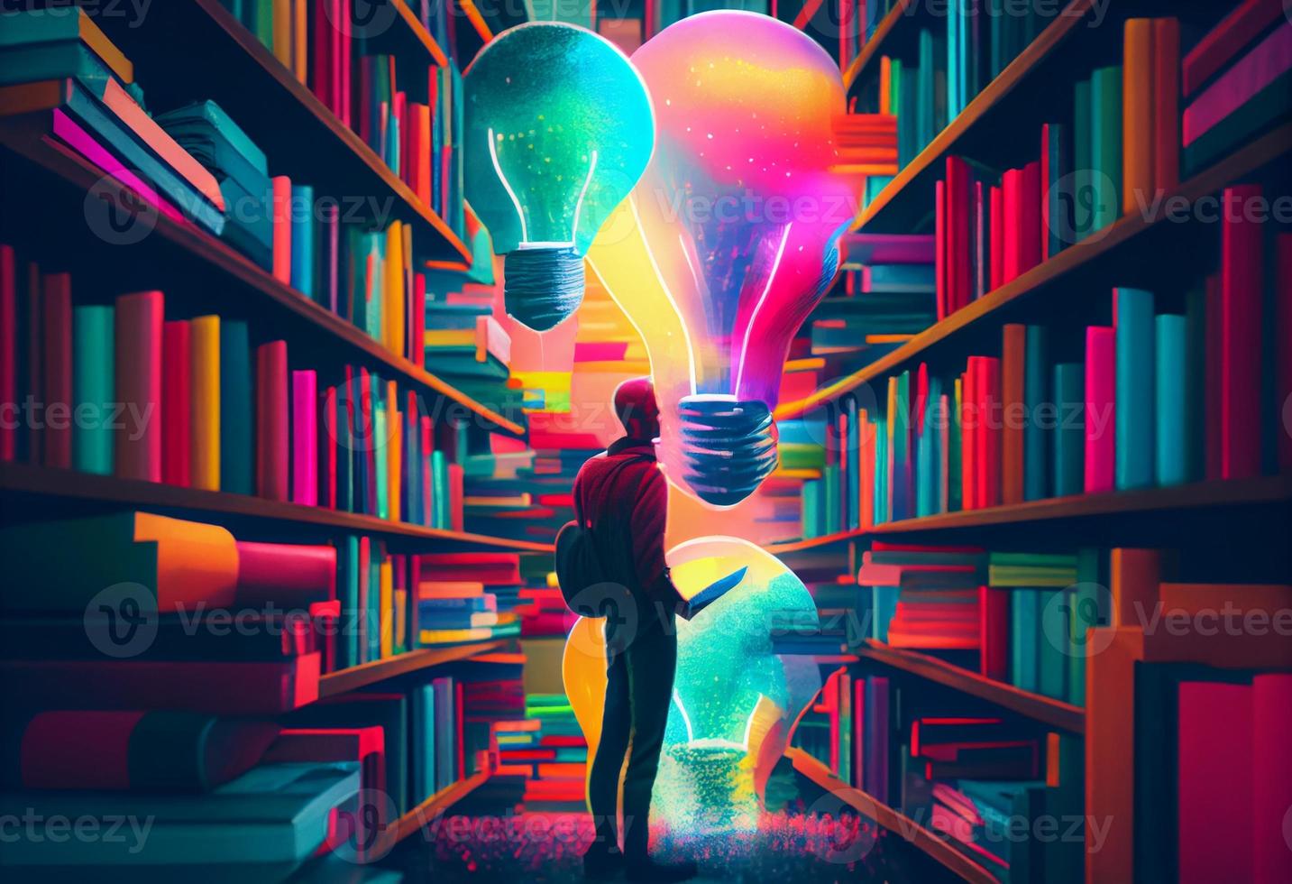 hombre con libro y bombilla mirando para conocimiento en biblioteca con colorido libros. generar ai foto