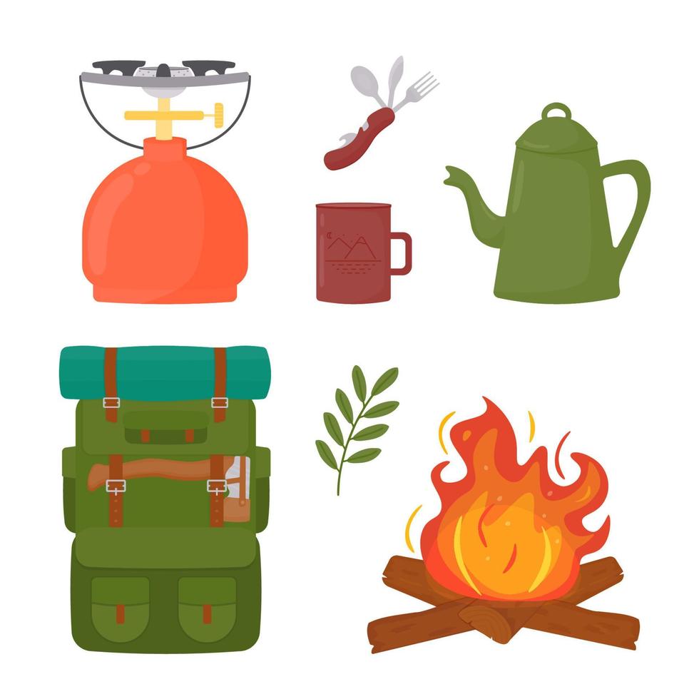 burner. Portable cutlery set - knife, spoon, fork, opener. Coffee kettle. Cup. Campfire. Vector. vector