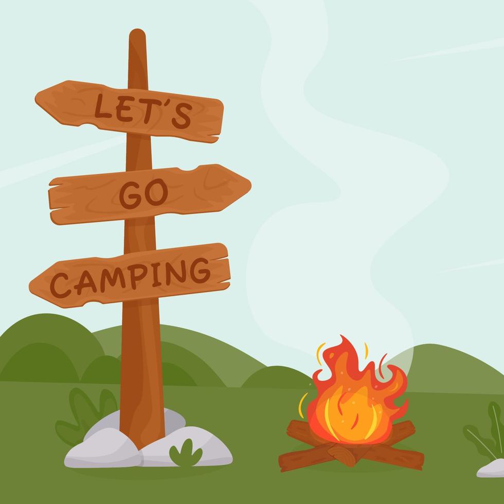 Background with a campfire and a sign with the inscription Let's go camping. Travelling, Hiking. Vector illustration in the flat style.