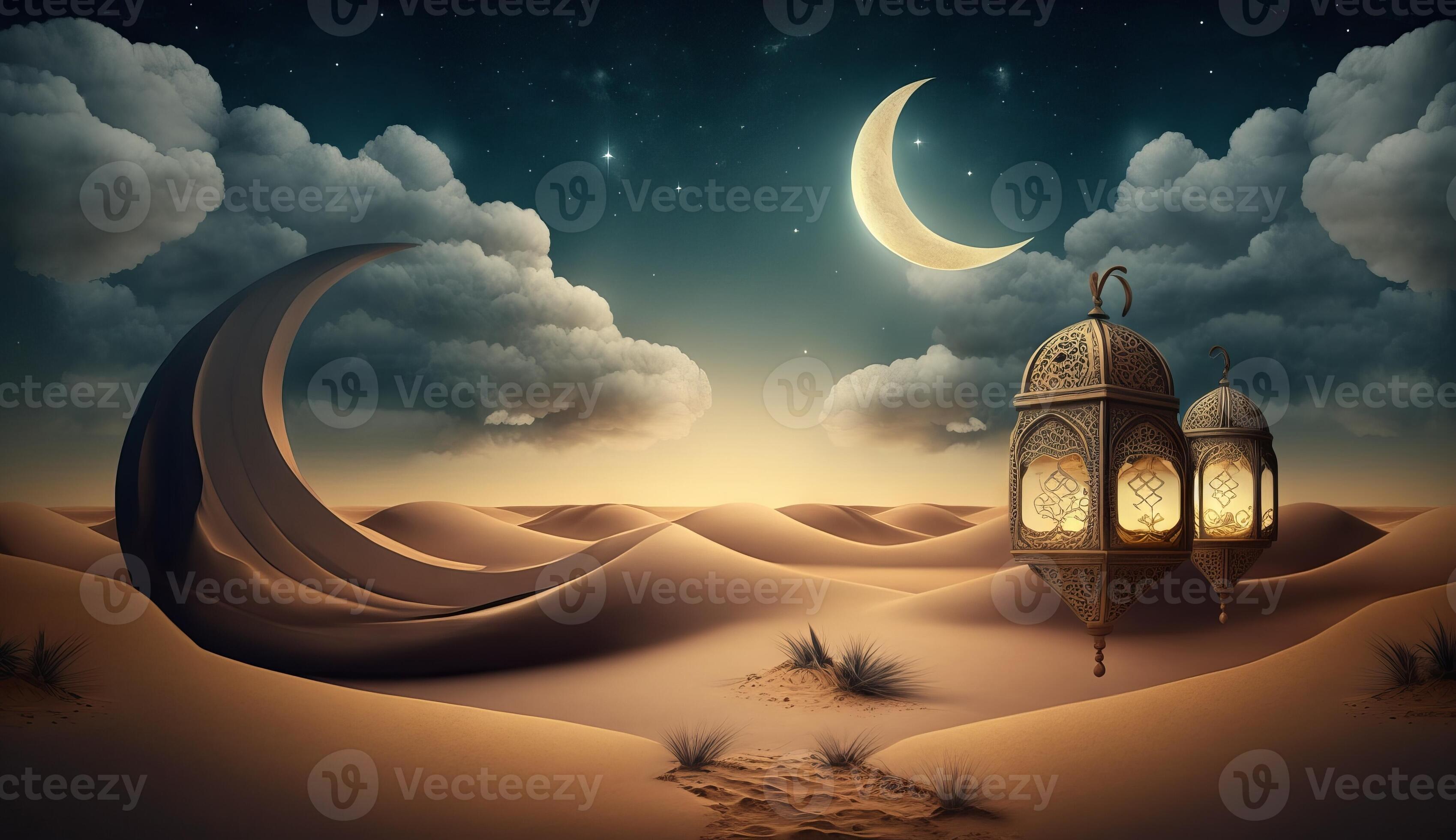 islamic illustration of a crescent moon and realistic clouds with