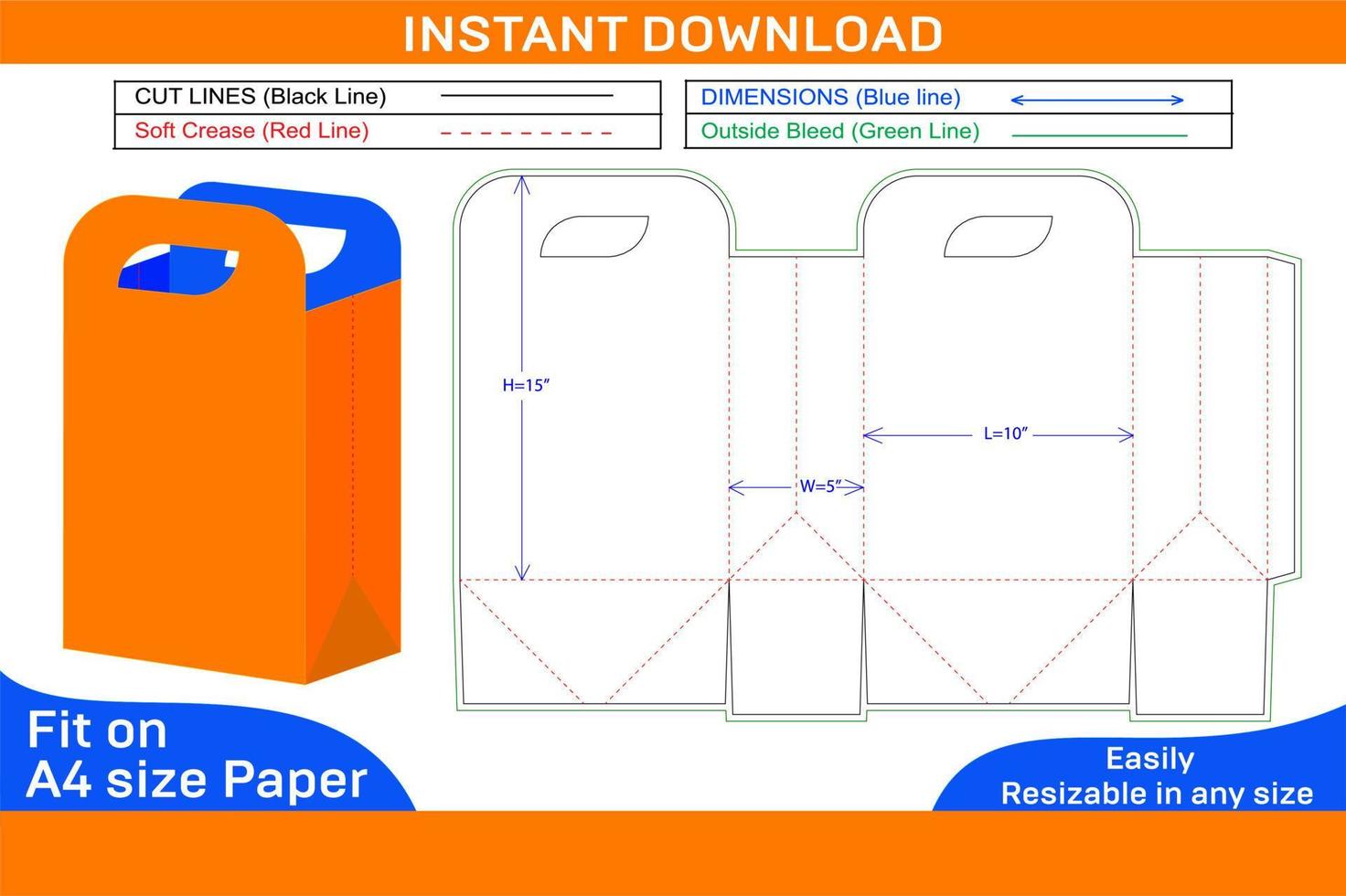 Shopping bag or carry bag design dieline template and 3d vector file Box dieline and 3D box