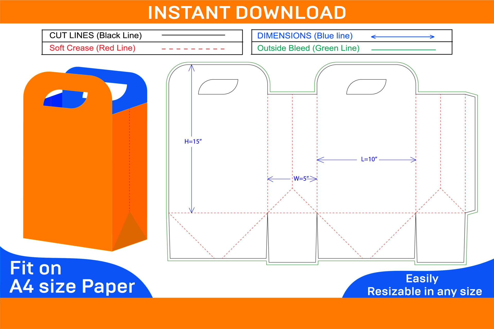 Shopping bag or carry bag design dieline template and 3d vector
