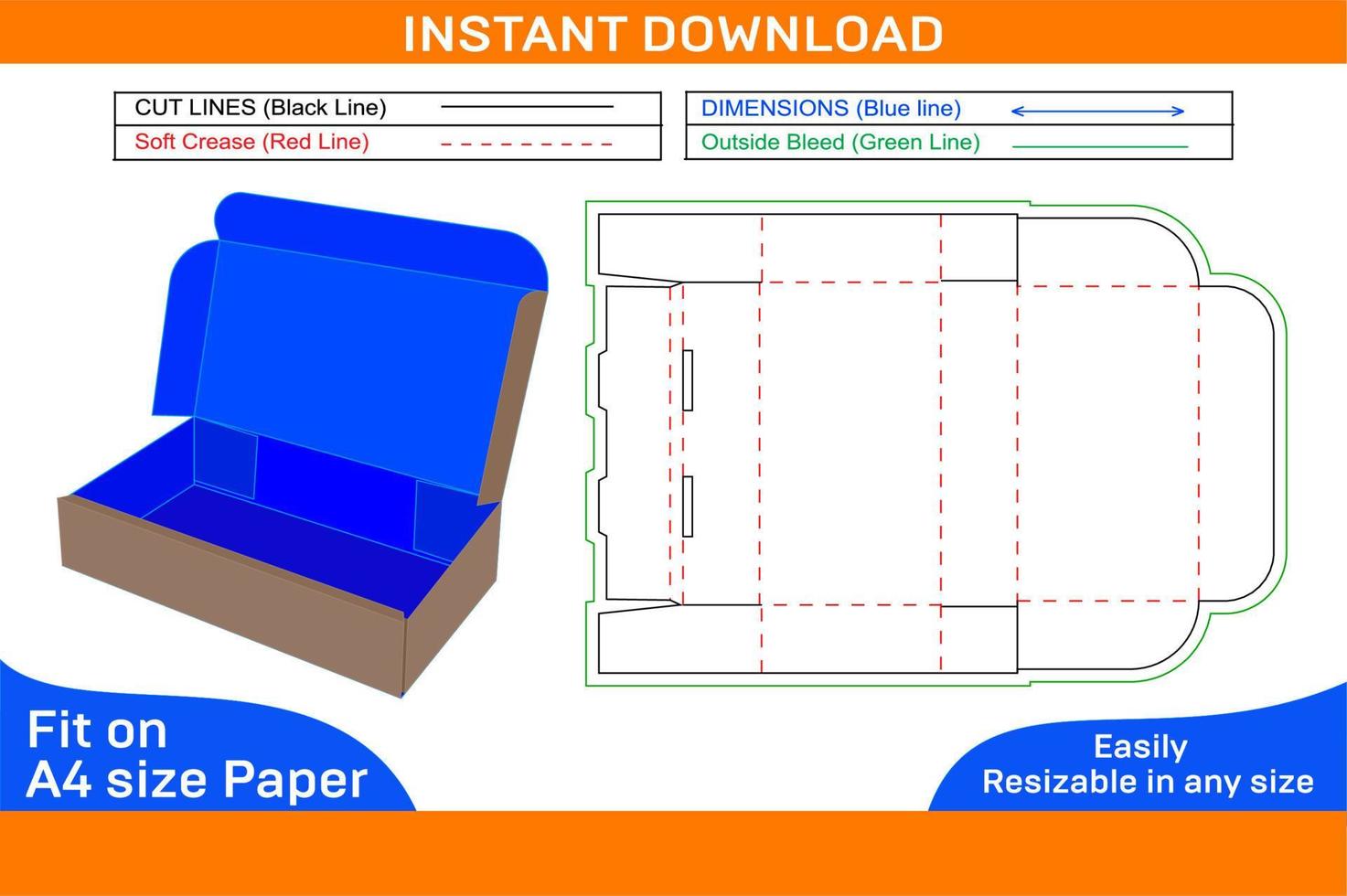 Roll end tuck top or RETT box, corrugated carton box dieline template and 3D render file Box dieline and 3D box vector