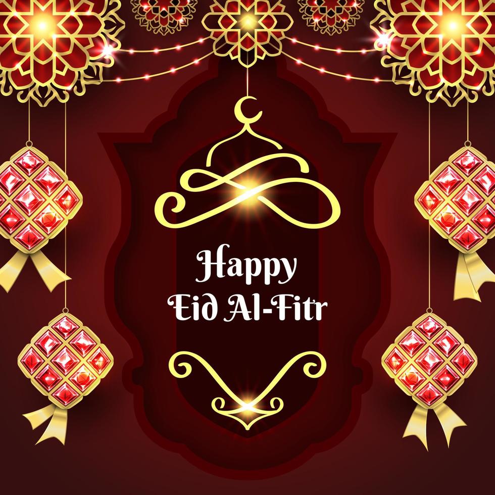 Happy Eid Al-Fitr Illustration with Yellow Neon and Red Realistic Ornaments vector