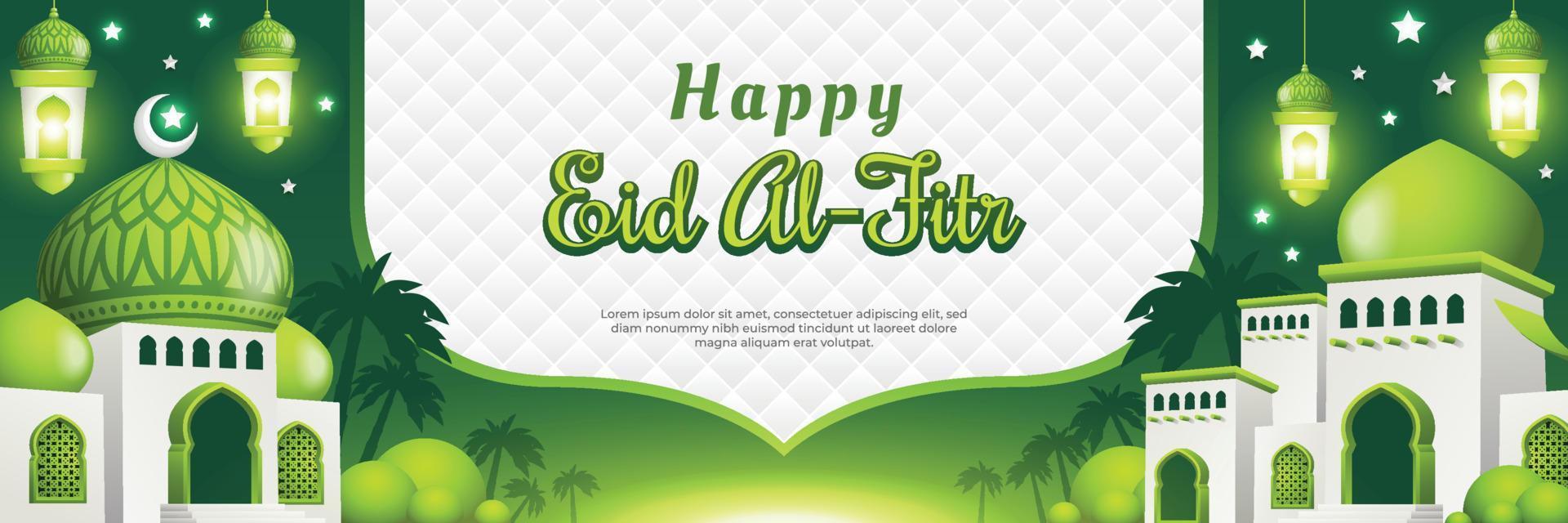 Green Happy Eid Al Fitr Banner with a Mosque and Lanterns vector