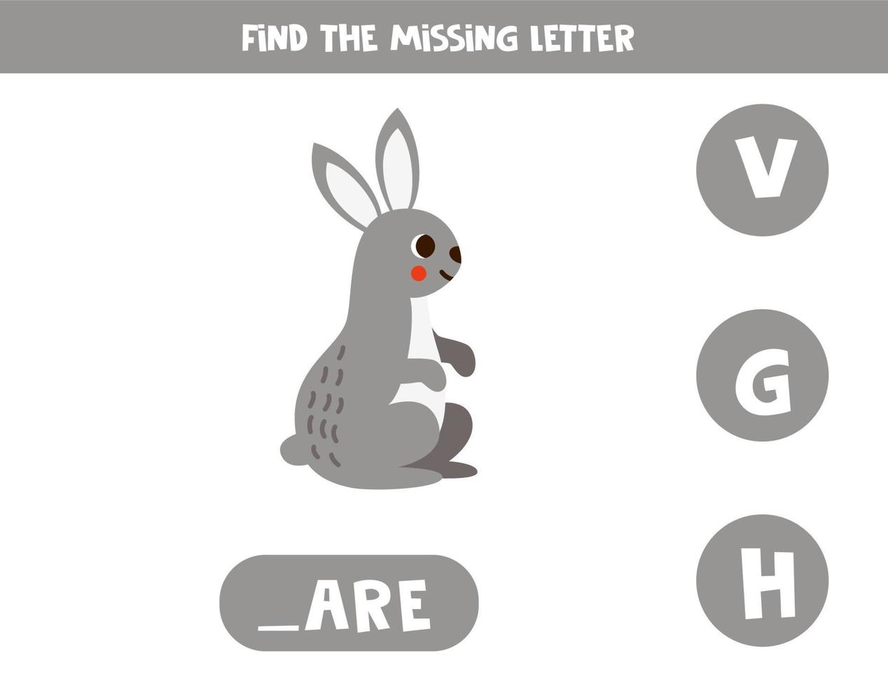 Find missing letter. Cute cartoon hare. Educational spelling game for kids. vector