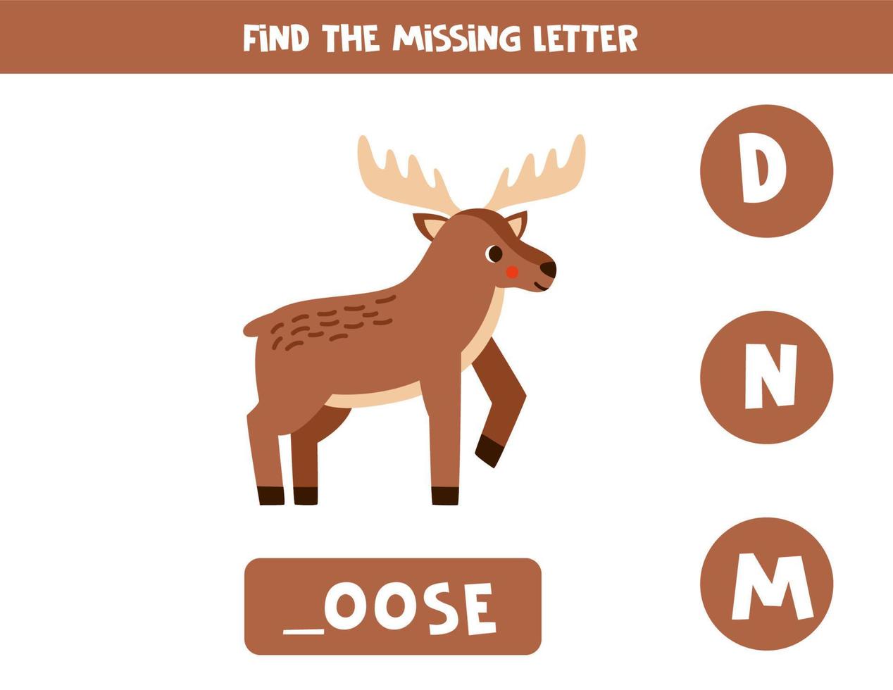 Find missing letter with cartoon moose. Spelling worksheet. vector