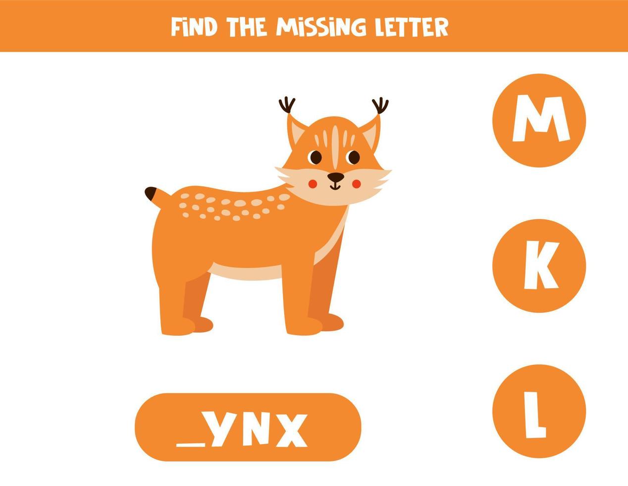 Find missing letter with cartoon lynx. Spelling worksheet. vector