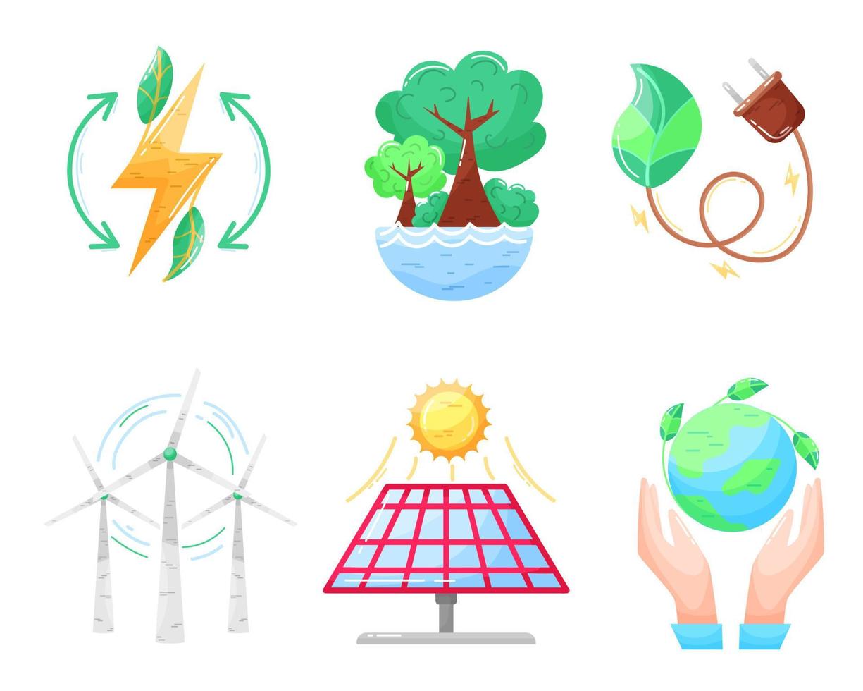 eco íconos colocar. ecológico icono. verde energía. solar paneles plano estilo. verde energía. limpiar planeta. vector