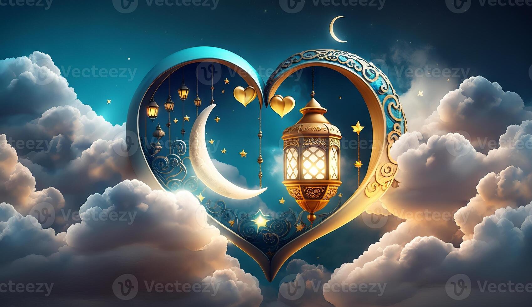 islamic illustration of a crescent moon and realistic clouds with traditional lanterns and hearts. photo