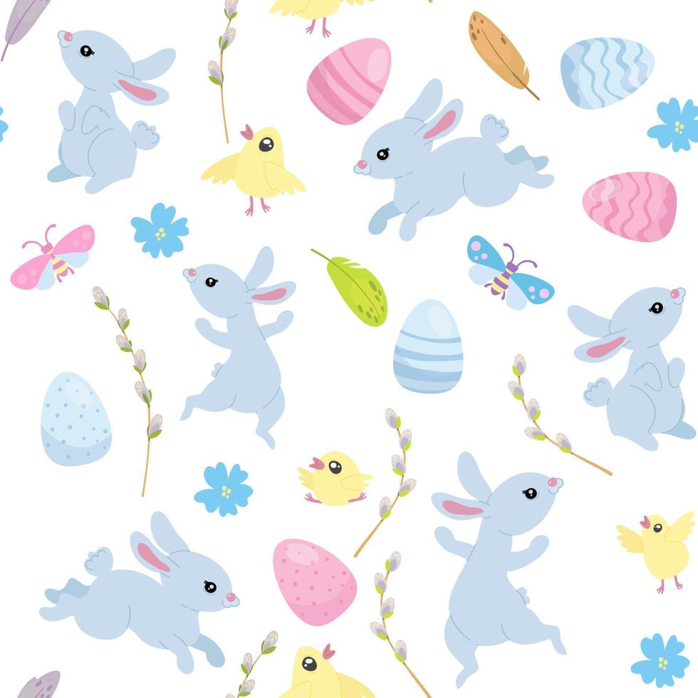 Happy Easter seamless pattern, cute blue bunnies and Easter eggs, willow trees, baby yellow chickens, bugs vector