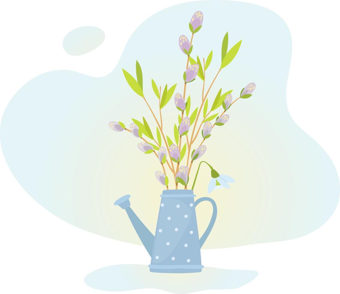 Willow branches in a blue watering can, a spring illustration, bouquets of flowers in pot vector